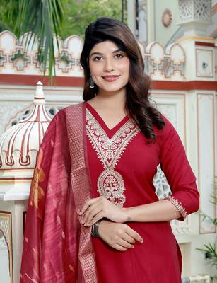  womens embroidered silk red kurta with palazzo and dupatta 3