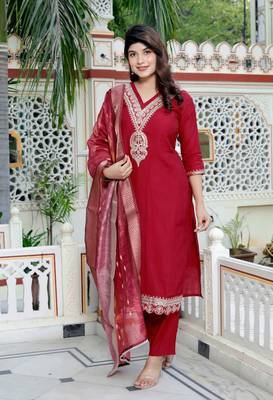  womens embroidered silk red kurta with palazzo and dupatta 4