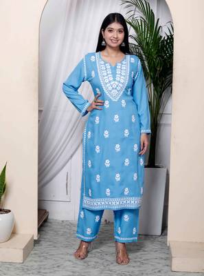   womens chikankari embroidery sky blue straight kurta and palazzo 1