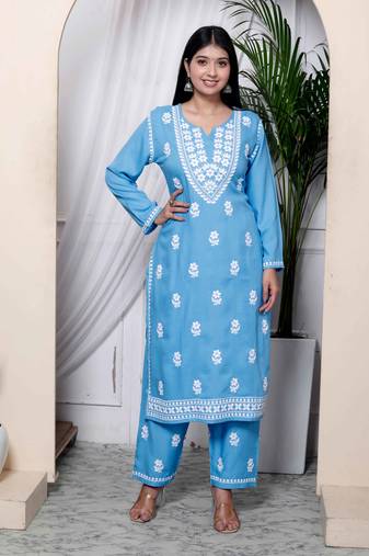 Miravan womens chikankari embroidery sky blue straight kurta and palazzo