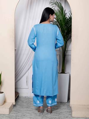   womens chikankari embroidery sky blue straight kurta and palazzo 2