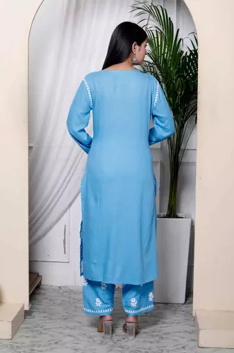   womens chikankari embroidery sky blue straight kurta and palazzo