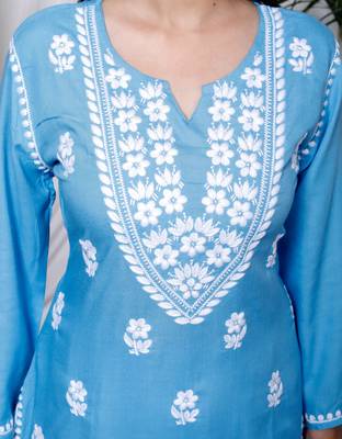   womens chikankari embroidery sky blue straight kurta and palazzo 3