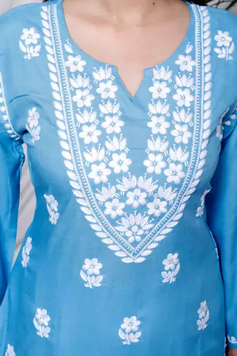  womens chikankari embroidery sky blue straight kurta and palazzo