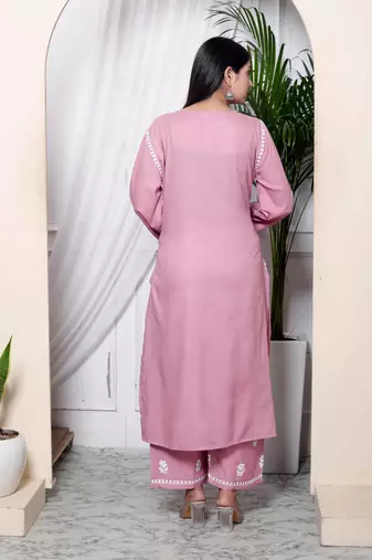   womens chikankari embroidery pink straight kurta & palazzo set