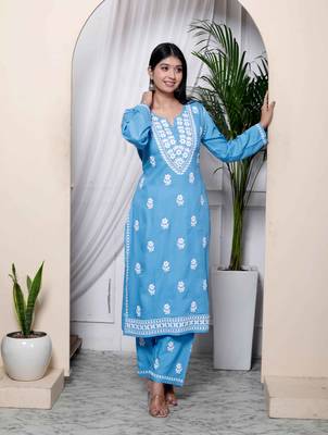   womens chikankari embroidery sky blue straight kurta and palazzo 4
