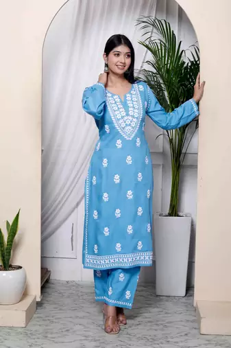   womens chikankari embroidery sky blue straight kurta and palazzo