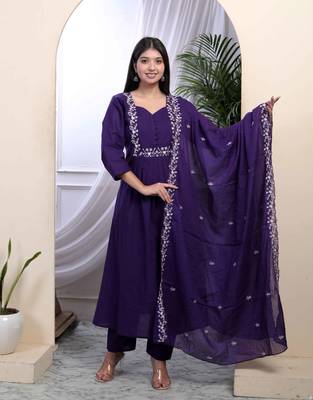   womens cotton purple a-line kurta with embroidered neck and palazzo with embroidered dupatta set 1