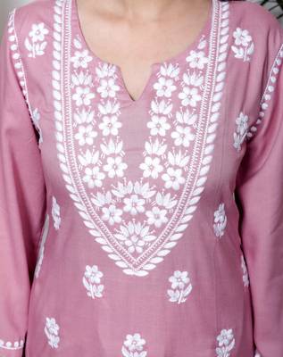   womens chikankari embroidery pink straight kurta & palazzo set 3