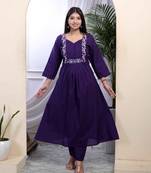   womens purple embroidered sweetheart neck & accordion pleated solid a-line kurta and palazzo set