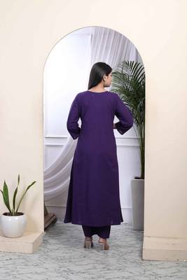   womens cotton purple a-line kurta with embroidered neck and palazzo with embroidered dupatta set 2