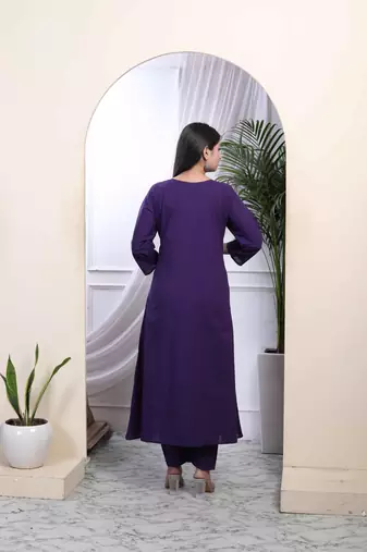   womens purple embroidered sweetheart neck & accordion pleated solid a-line kurta and palazzo set