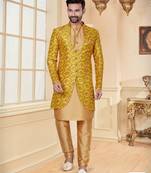 Yellow & cheekoo havy jackard with jari work mens indo western sherwani