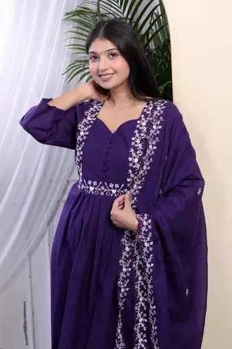   womens cotton purple a-line kurta with embroidered neck and palazzo with embroidered dupatta set