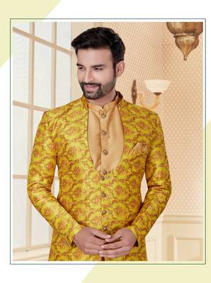 Yellow & cheekoo havy jackard with jari work mens indo western sherwani 2