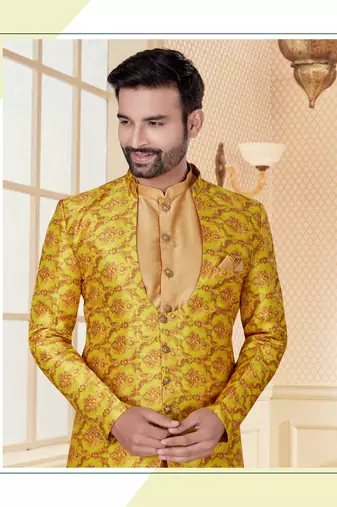 Yellow & cheekoo havy jackard with jari work mens indo western sherwani
