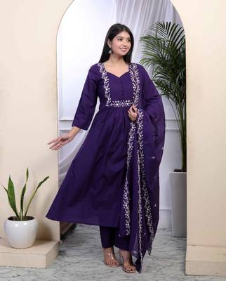   womens cotton purple a-line kurta with embroidered neck and palazzo with embroidered dupatta set 4