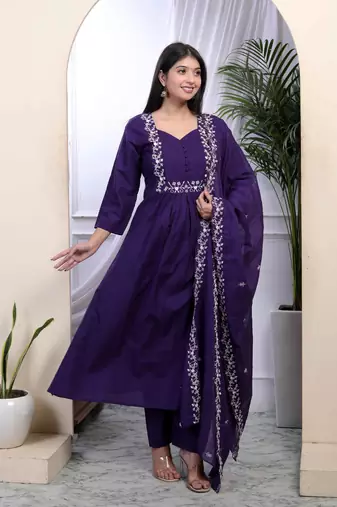   womens cotton purple a-line kurta with embroidered neck and palazzo with embroidered dupatta set