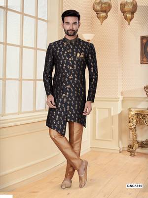 Black havy jackard with jari work mens indo western sherwani 1