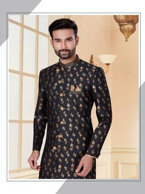 Black havy jackard with jari work mens indo western sherwani 2