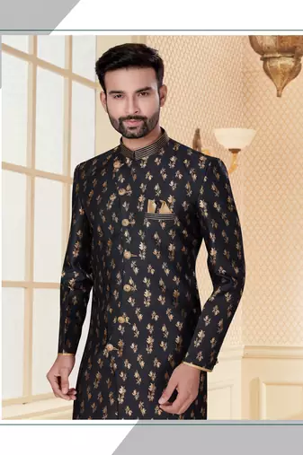 Black havy jackard with jari work mens indo western sherwani