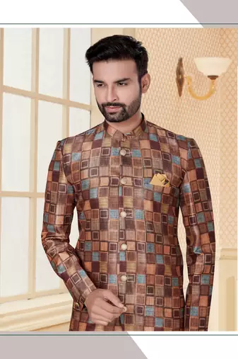 Mix colour slub silk mens indo western sherwani