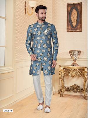 Sky blue havy jackard with full emroidery work mens indo western sherwani 1