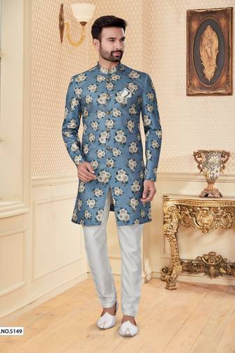 Sky blue havy jackard with full emroidery work mens indo western sherwani