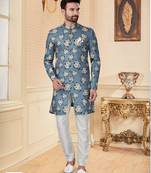 Sky blue havy jackard with full emroidery work mens indo western sherwani