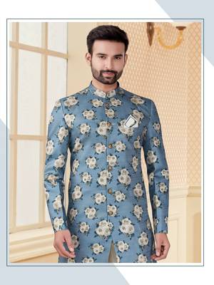 Sky blue havy jackard with full emroidery work mens indo western sherwani 2