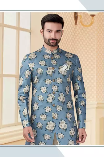 Sky blue havy jackard with full emroidery work mens indo western sherwani