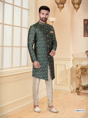 Green jackard digital printed  mens indo western sherwani 1