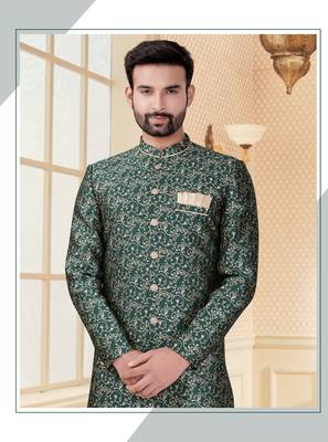 Green jackard digital printed  mens indo western sherwani 2