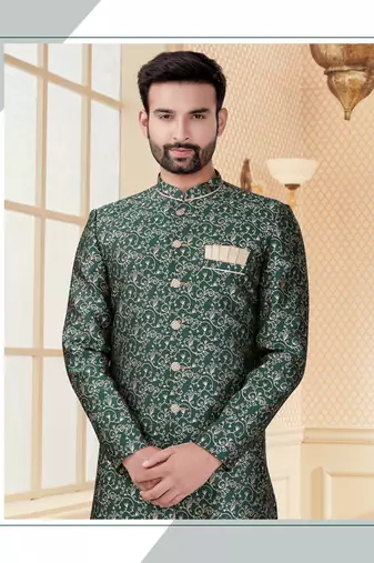 Green jackard digital printed  mens indo western sherwani