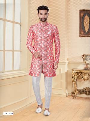 Peach & pink havy jackard with full emroidery work mens indo western sherwani 1
