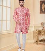 Peach & pink havy jackard with full emroidery work mens indo western sherwani