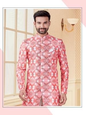 Peach & pink havy jackard with full emroidery work mens indo western sherwani 2