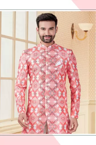 Peach & pink havy jackard with full emroidery work mens indo western sherwani