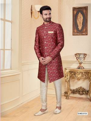 Maroon havy jackard with full emroidery work mens indo western sherwani 1