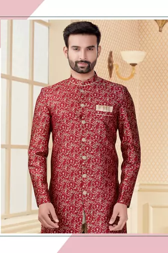 Maroon havy jackard with full emroidery work mens indo western sherwani