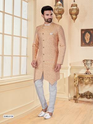 Peach    havy jackard with full emroidery work mens indo western sherwani 1