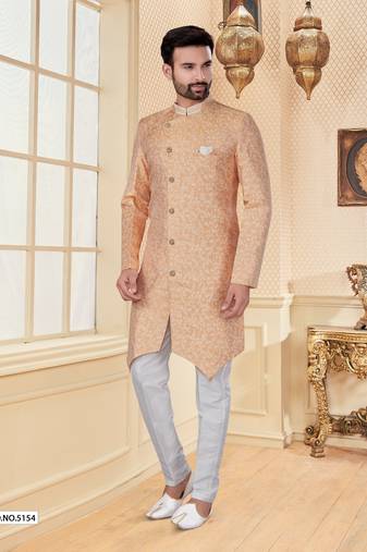 Peach    havy jackard with full emroidery work mens indo western sherwani
