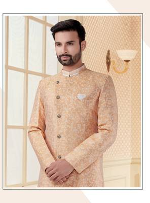 Peach    havy jackard with full emroidery work mens indo western sherwani 2