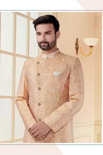 Peach    havy jackard with full emroidery work mens indo western sherwani