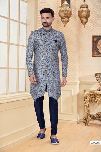 Grey & blue  jackard emroidery work booti mens indo western sherwani