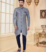 Grey & blue  jackard emroidery work booti mens indo western sherwani