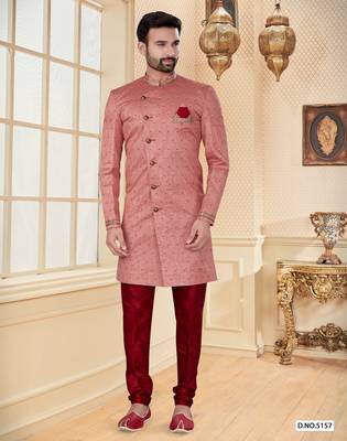 Pink peach havy jackard with jari work mens indo western sherwani 1