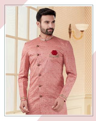 Pink peach havy jackard with jari work mens indo western sherwani 2
