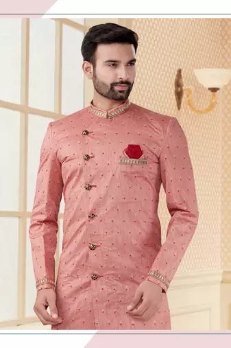 Pink peach havy jackard with jari work mens indo western sherwani
