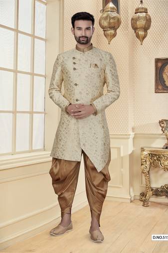 Cream  jackard emroidery work booti mens indo western sherwani